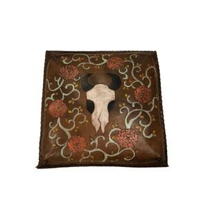 Vintage Hand Dyed and Stitched Leather Throw Pillow—Full Zip, Cow Skull and Flow